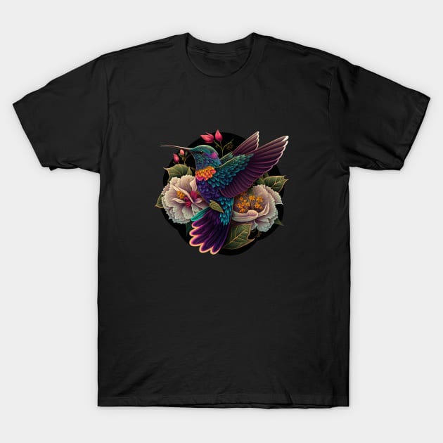 Tropical Hummingbird and Flowers T-Shirt by SCHummingbirds